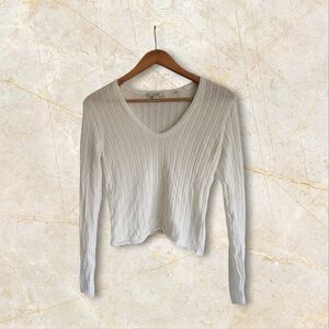 Vince Cream Ribbed V-Neck Long Sleeve Top